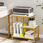 Giantex 3-Tier Side Table with Wheels, G-Shaped Mobile End Table with Open Shelves & Metal Frame, Rolling Sofa Couch Table for Living Room Bedroom Office, White & Gold