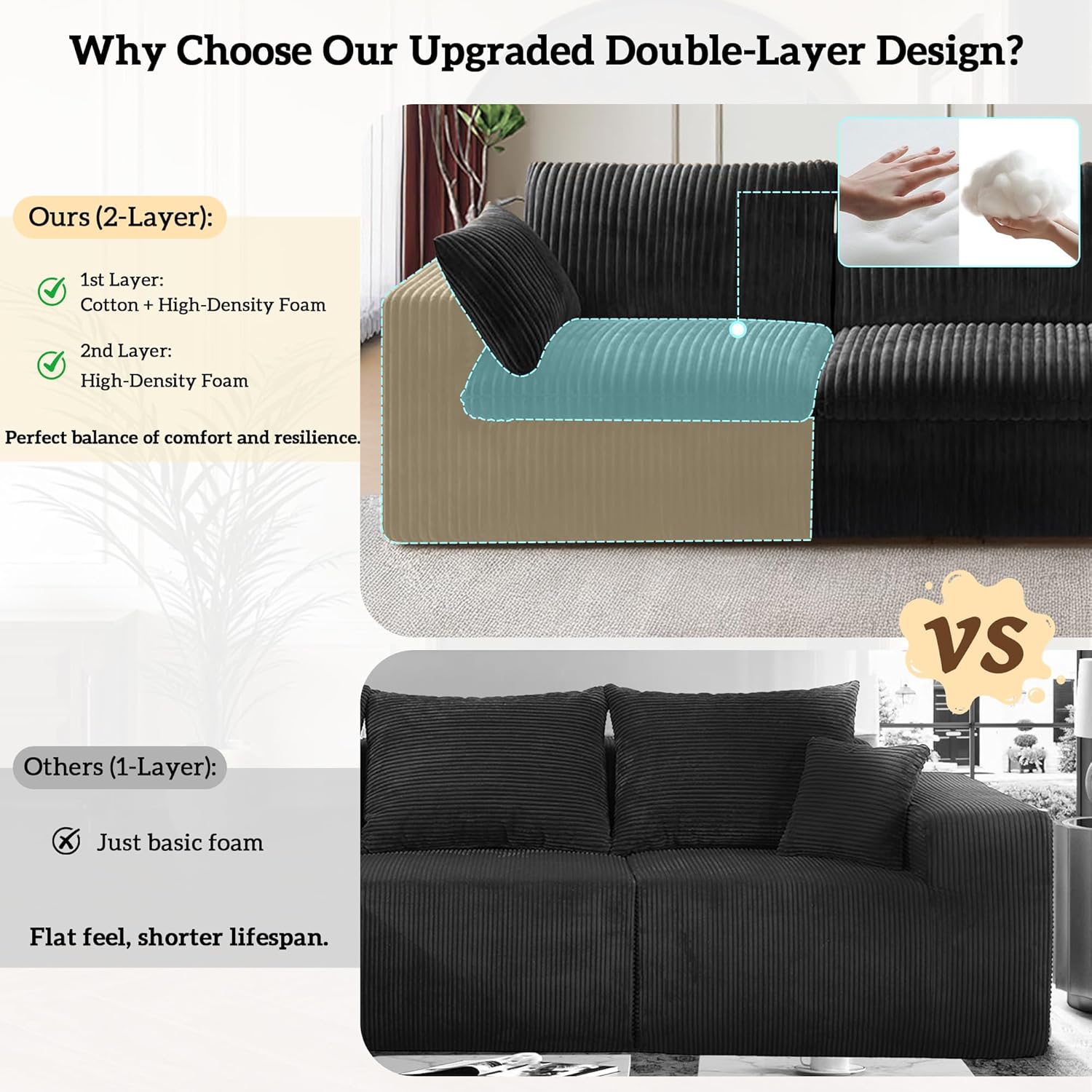 157.6" Cloud Couch Oversized Modular Sectional Sofa, U-Shaped 8 Seater Deep Seat Couch with Ottoman, Soft Corduroy Upholstery, DIY Combination for Living Room, No Assembly Required, Black