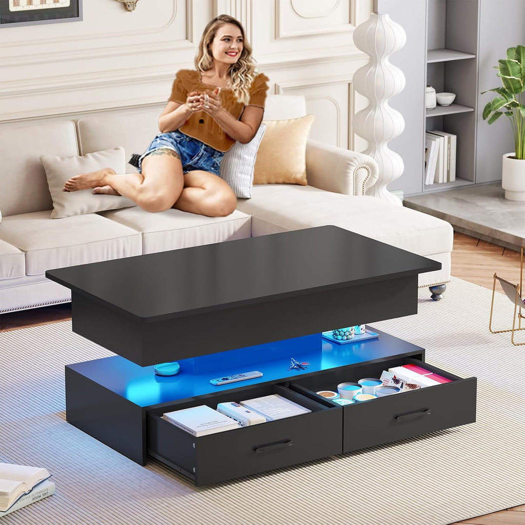 SEDETA 40" Lift Top Coffee Table, Coffee Tables with Storage for Living Room, Small Coffee Table with 2 Drawers & LED Light for Dining Reception Room, Black
