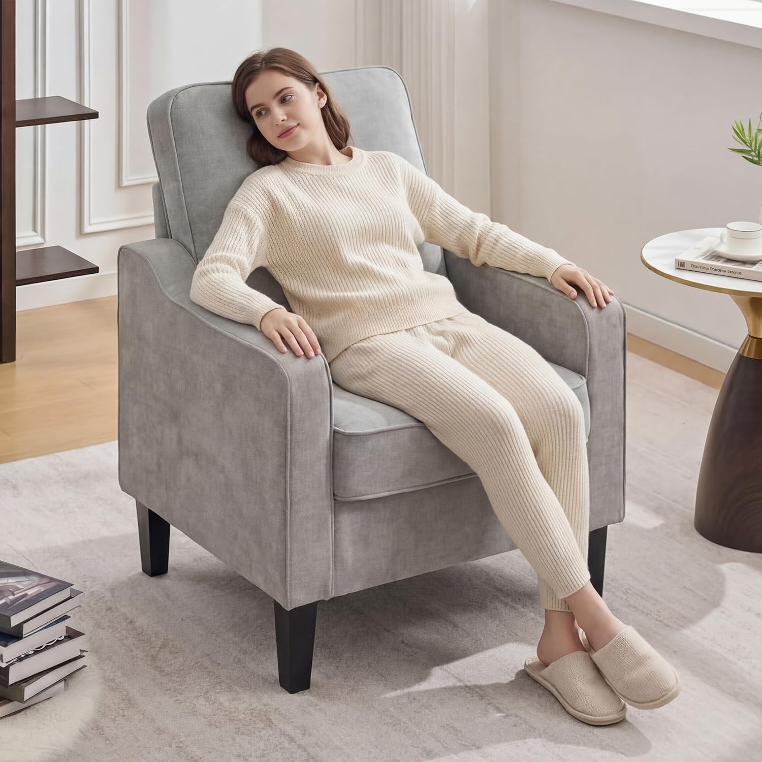 Mangodan Comfy Accent Chair for Living Room, Mid Century Modern Reading Chair for Bedroom, Office and Waiting Room, Upholstered Armchair Single Sofa Chair with Reinforced Legs(Light Grey, Set of 1)