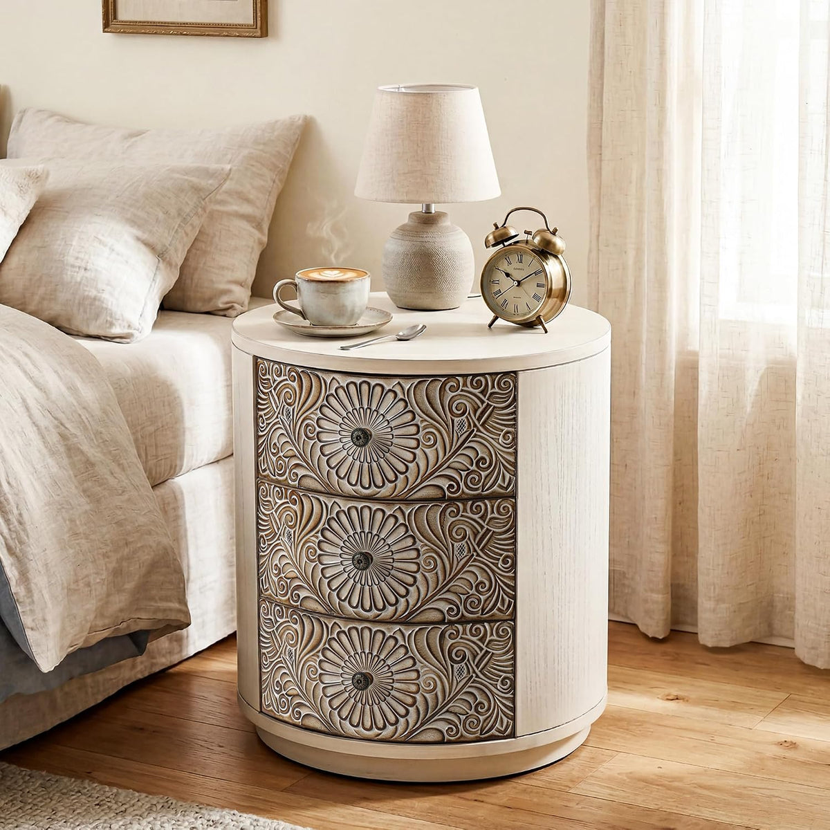 HOMPUS Round End Table Set 2, Fully Assembled Nightstand w 3 Storage Drawers, Farmhouse Wood Dresser Set of 2, Vintage Nightstand Bedside Tables, Aceent End Tables for Bedroom, Rustic White