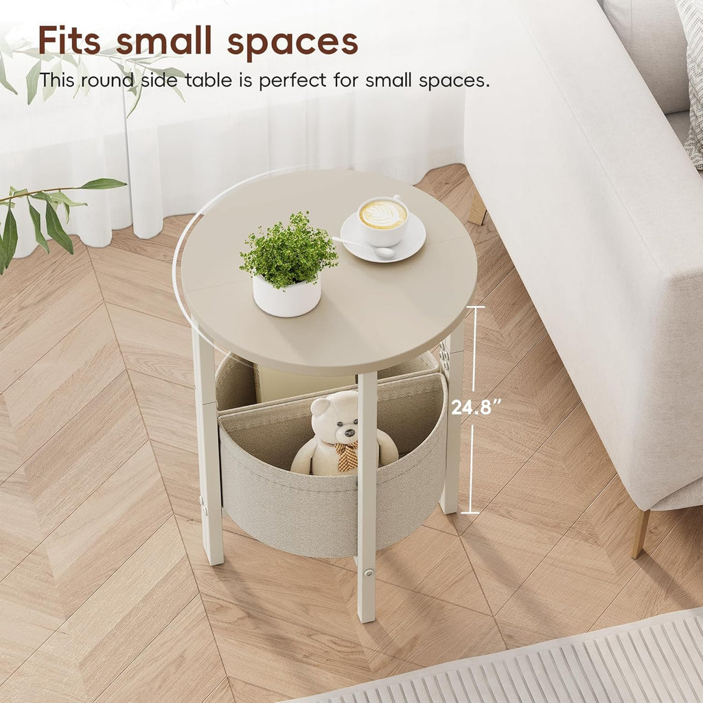 Vagusicc Small Round Side Table End Table, Tall Accent Table with Storage Basket, Set of 2 Half Round Tables Half Moon Tables, Coffee Bedside Tables, Modern Nightstand for Living Room Bedroom, Cream