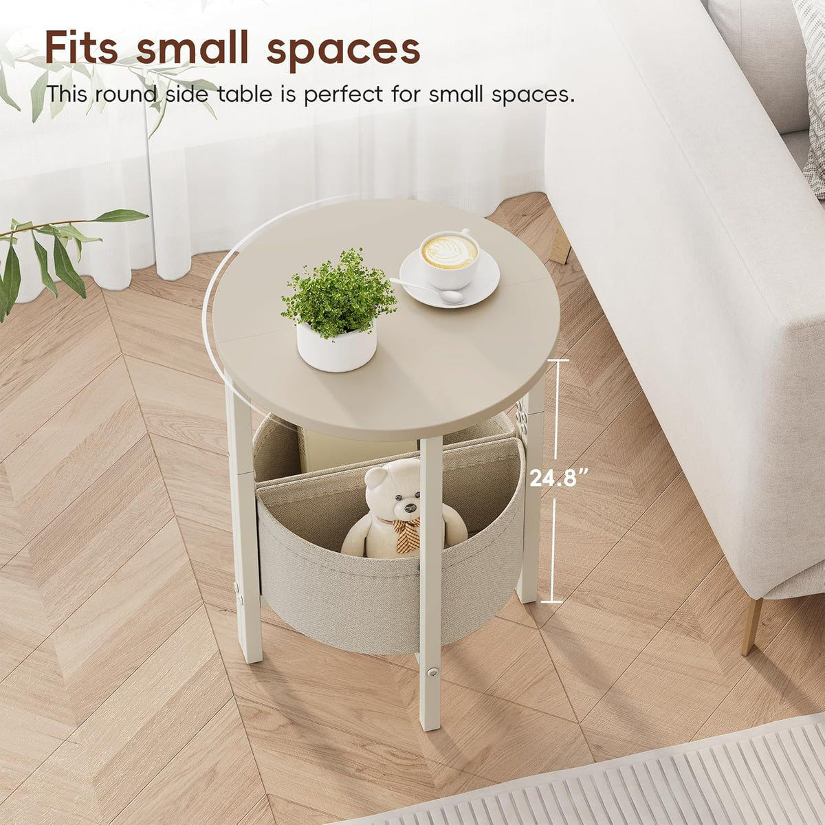 Vagusicc Small Round Side Table End Table, Tall Accent Table with Storage Basket, Set of 2 Half Round Tables Half Moon Tables, Coffee Bedside Tables, Modern Nightstand for Living Room Bedroom, Cream