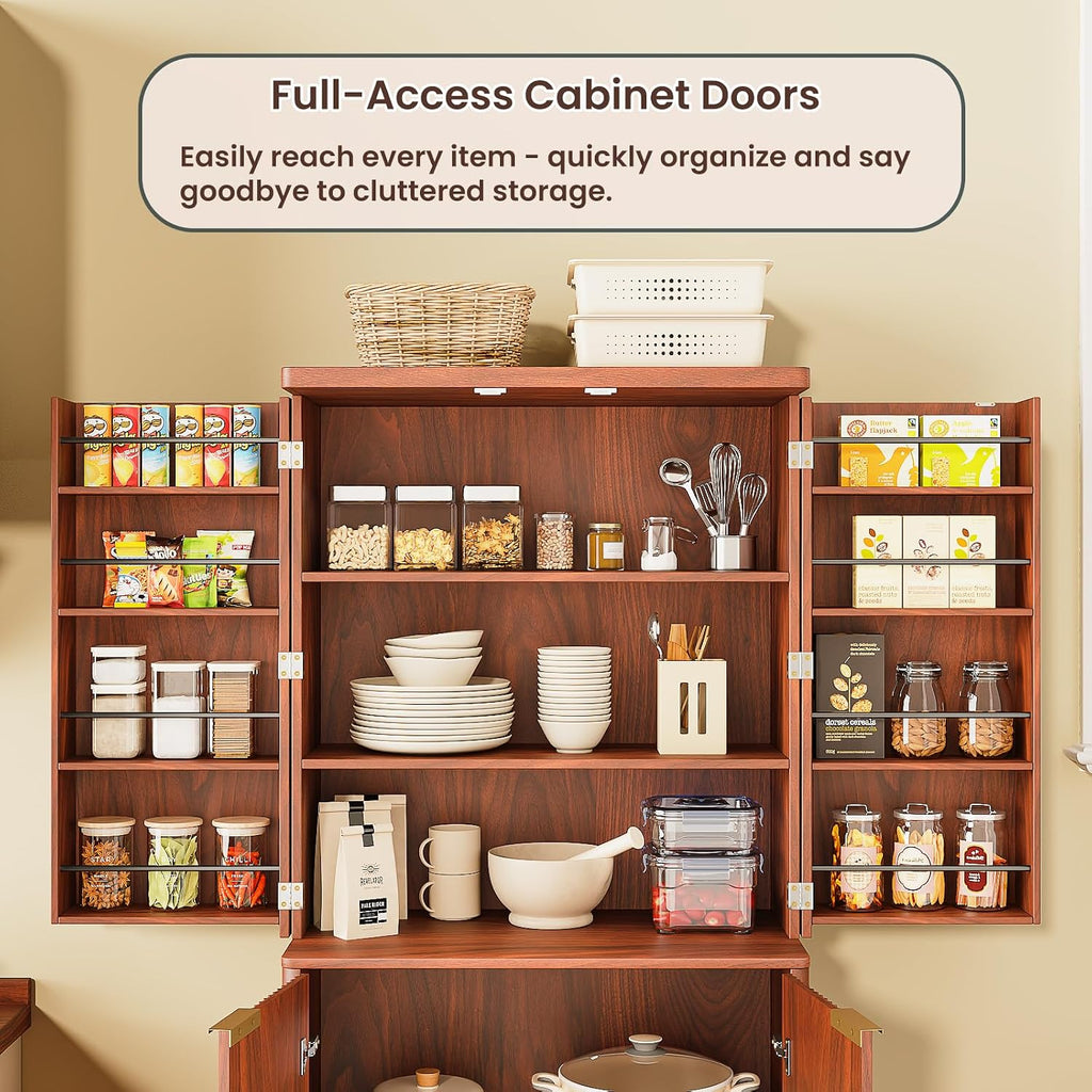 72" Tall Kitchen Pantry Modern Fluted Wood Storage Cabinet with Doors,6 Door Shelves, Organizer, Versatile Cupboard for Kitchen Dining (Walnut-Fluted)