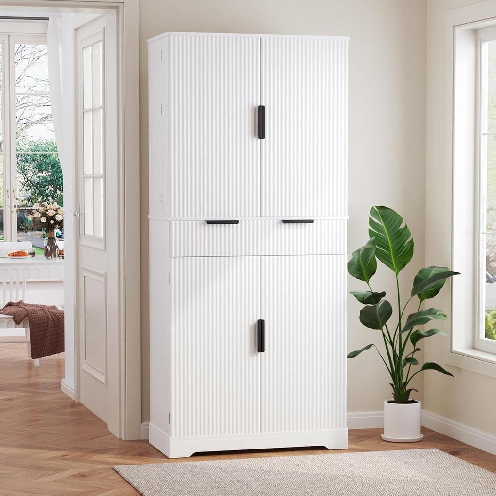 Tall Freestanding Pantry with Grooved Doors – MDF Storage Unit with 3 Pull-Out Drawers and 6 Spice Racks for Kitchen, Entryway, or Dining Room (White)