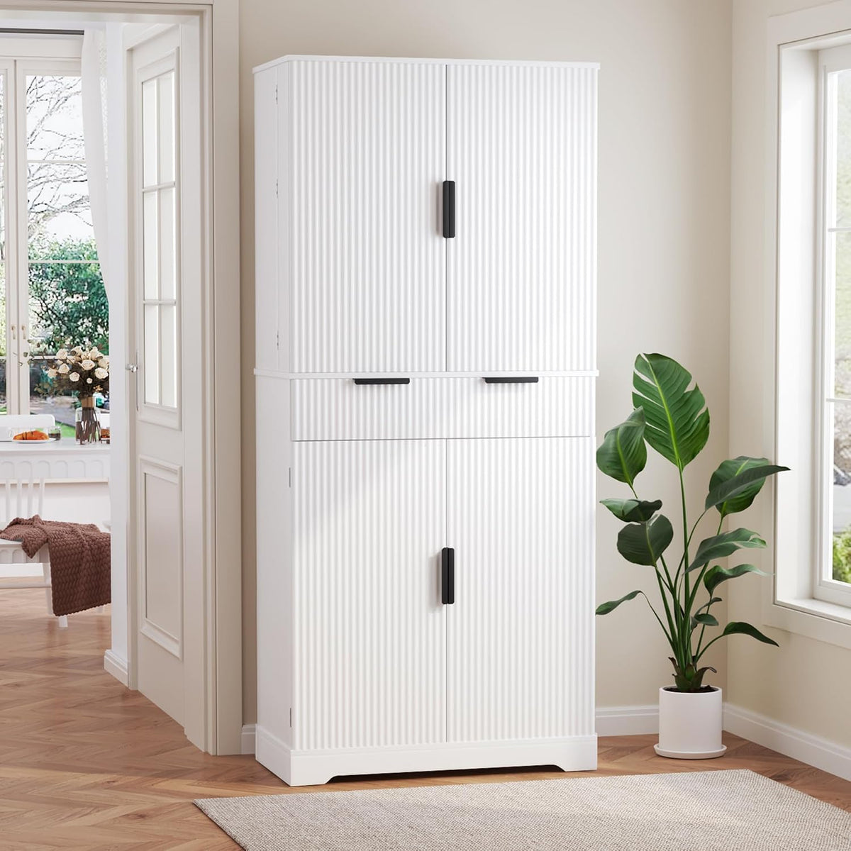 Tall Freestanding Pantry with Grooved Doors – MDF Storage Unit with 3 Pull-Out Drawers and 6 Spice Racks for Kitchen, Entryway, or Dining Room (White)