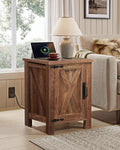 WLIVE Farmhouse Nightstand with Charging Station, Rustic Brown End Table with Barn Door and Adjustable Storage Shelf, 18" Modern Wood Night Stand Bedside Table for Bedroom