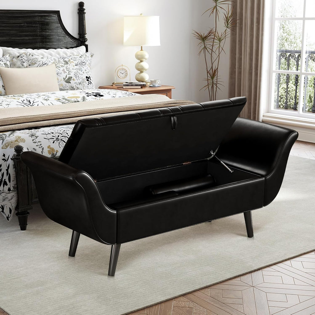 Storage Bench for Bedroom, 65" End of Bed Bench King Size, Faux Leather Tufted Upholstered Window Bench Indoor Foot of Bed Storage Ottoman Long Seating with Arm for Living Room Entryway, Black