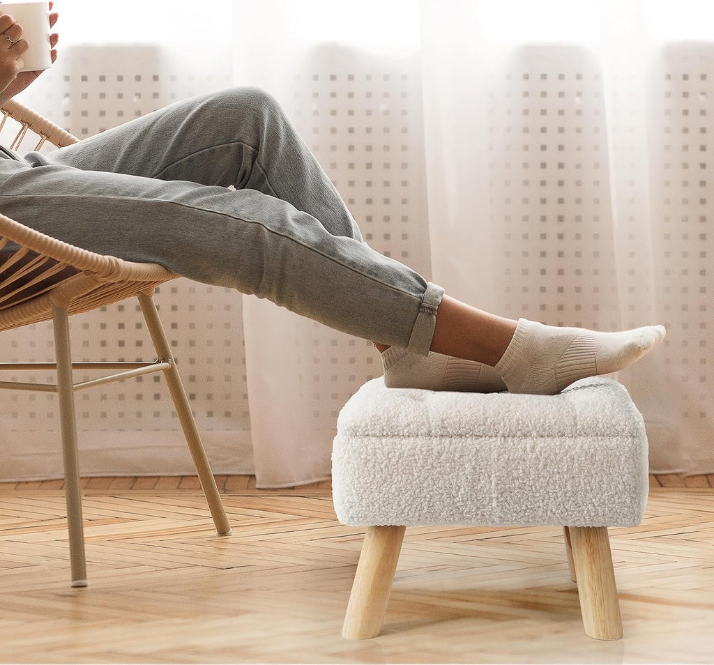 OGEMXU Storage Ottoman, Small Foot Stool Ottoman with Storage, Boucle Teddy Velvet Foot Rest with Padded Seat, Sturdy Wood Legs Stool for Living Room, Bedroom, Couch, Enterway (Cream)