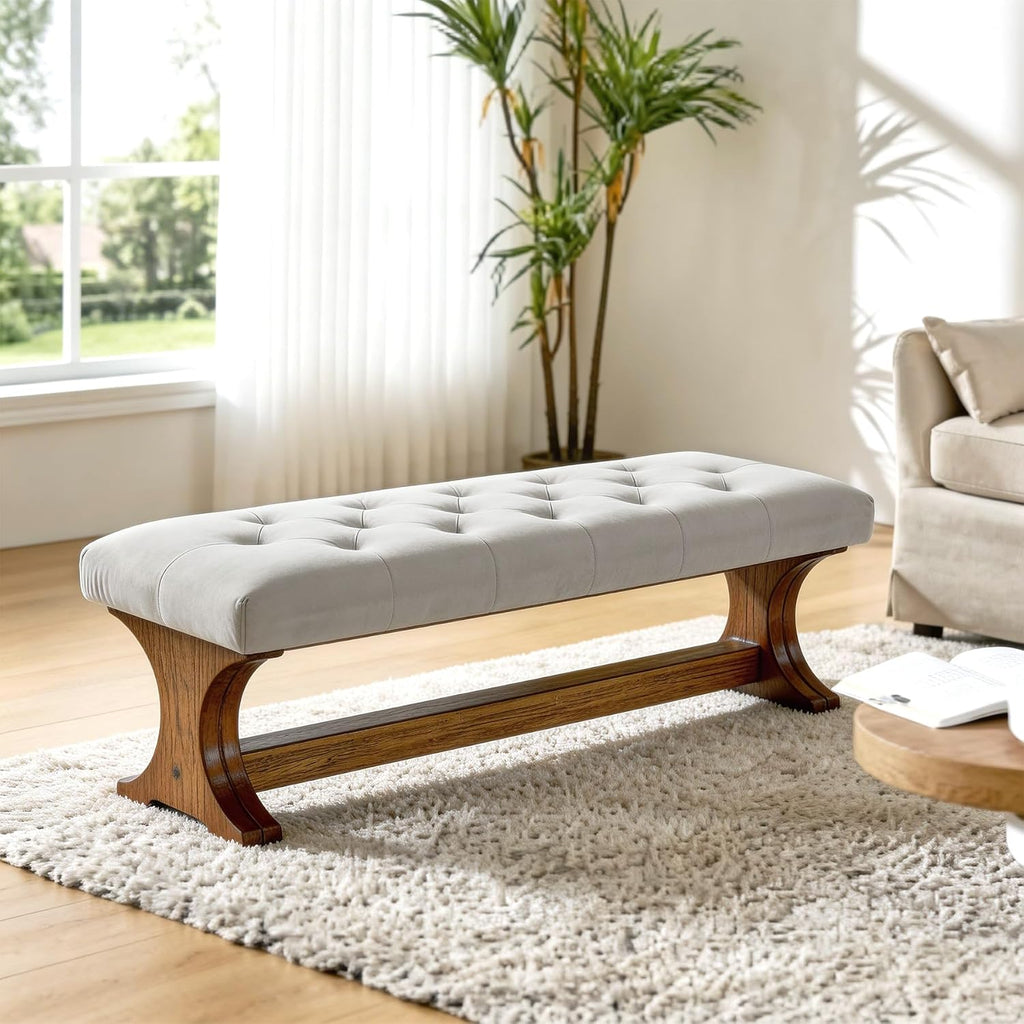 LITTLE TREE 55" Upholstered End of Bed Bench, Solid Wood Tufted Entryway Bench, Farmhouse Ottoman with Cushion for Bedroom, Foot of Bed, Living Room, Hallway, Light Gray