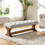 LITTLE TREE 55" Upholstered End of Bed Bench, Solid Wood Tufted Entryway Bench, Farmhouse Ottoman with Cushion for Bedroom, Foot of Bed, Living Room, Hallway, Light Gray