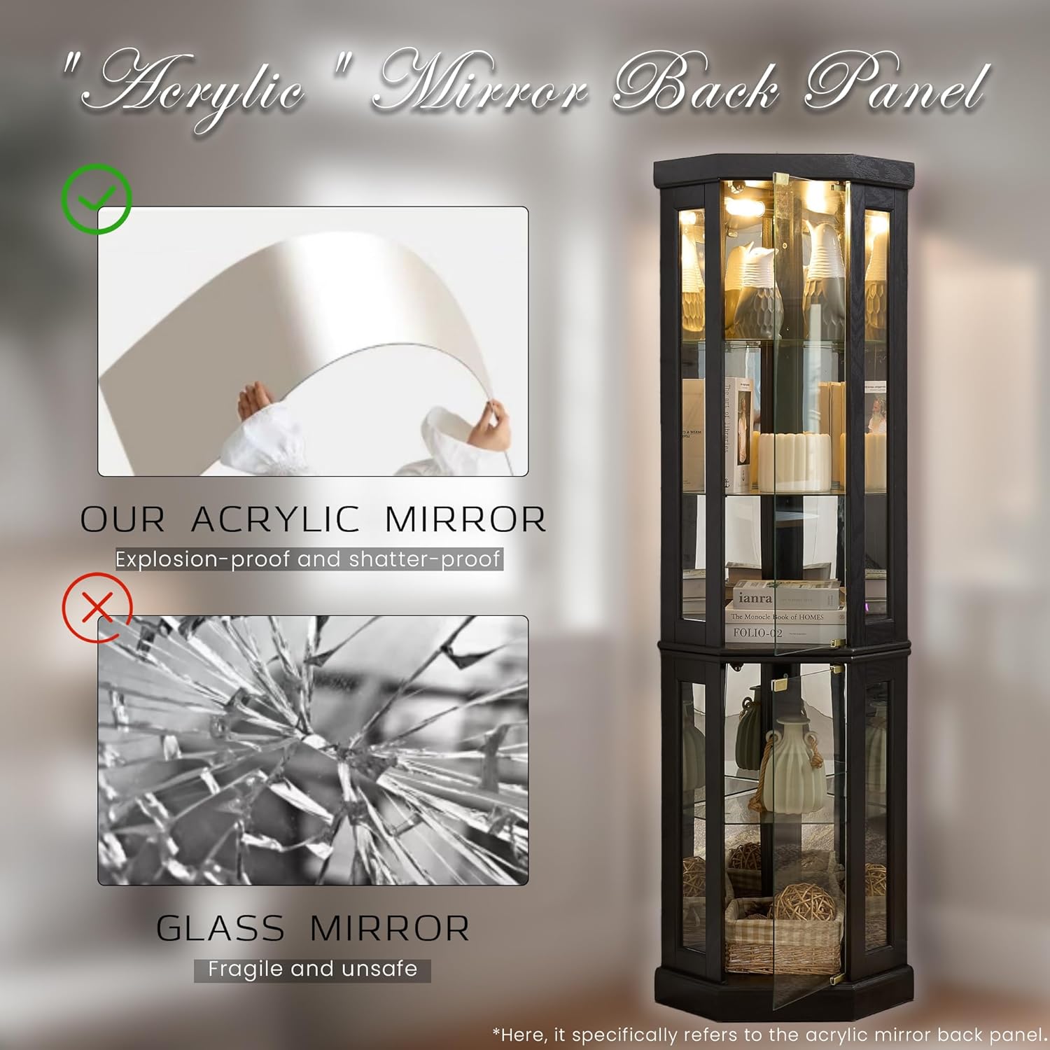Corner Curio Cabinet, 70" H Lighted Glass Display Cage with Tempered Glass Doors and Adjustable Shelves, Bulb Inclued, Wine Bar China Cabinet for Living Room Liquor Storage (Black)