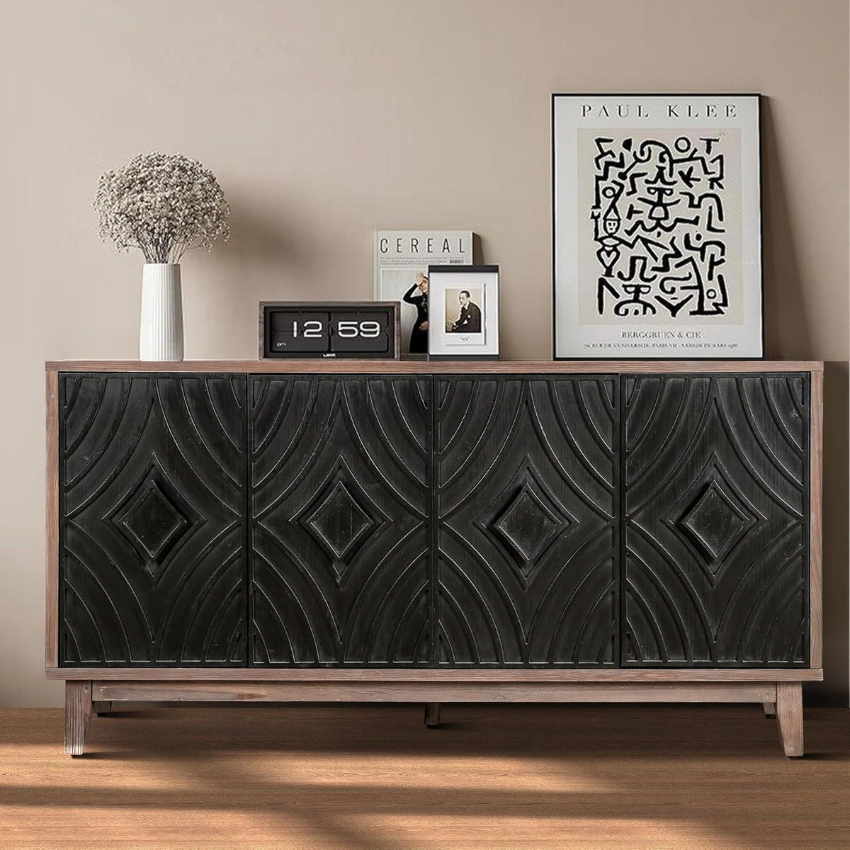 60 Inches Black Large Farmhouse Sideboard Buffet with Storage, Retro Credenza Console Table with Adjustable Shelves for Kitchen, Dining Room, Living Room, Entryway, Antique Black