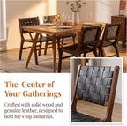 Woven Leather Dining Chairs Set of 2, Mid Century Modern Solid Wood Dining Room Chairs with Handwoven Leather Strap Seat, Armless Kitchen Side Chairs for Dining Room, Restaurant, Black