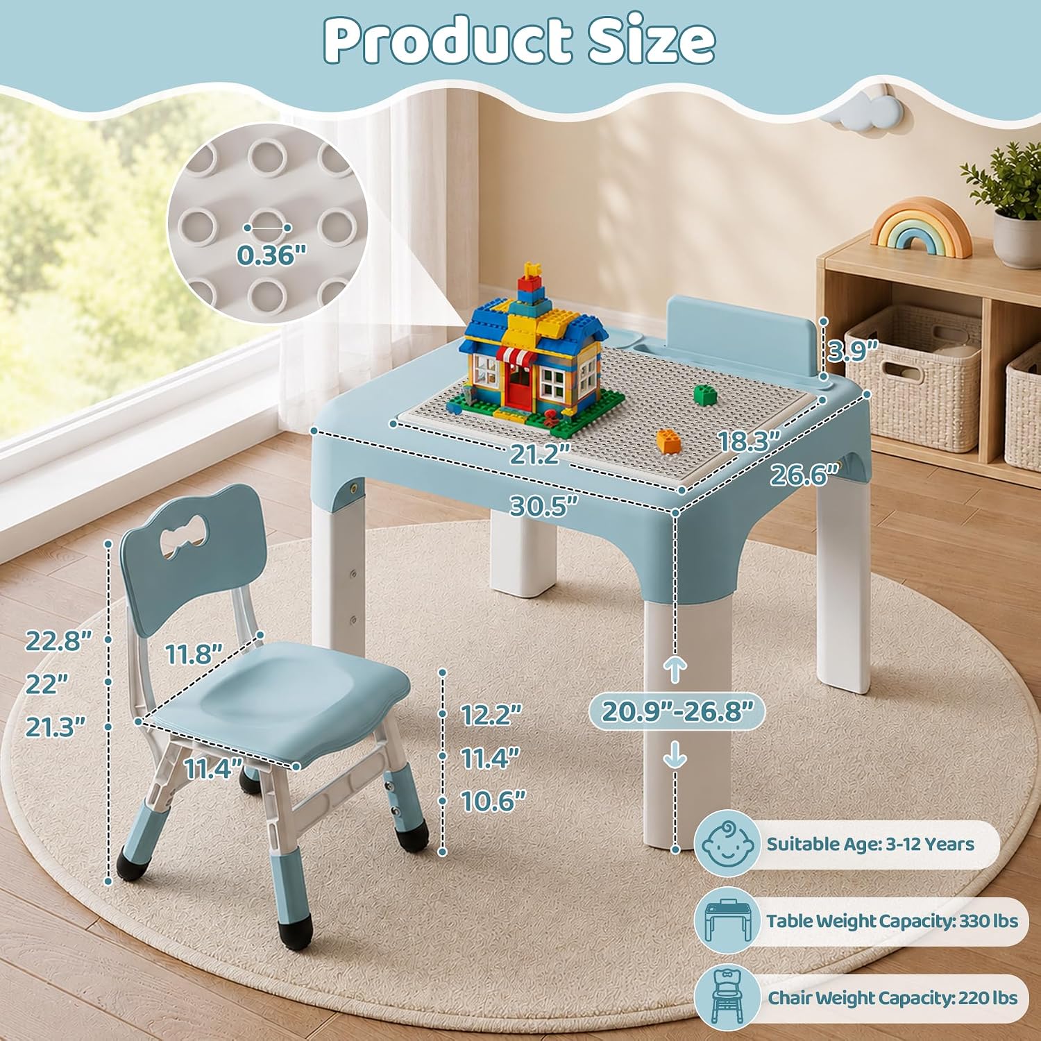 GITAWUSA Kids Table and Chair Set, Tilt Double-Sided, Storage, Grayish Blue | Height Adjustable Graffiti & Blocks Desktop, Toddler Activity Table for Age 3+ , Children Table for Playroom, Daycare, Home