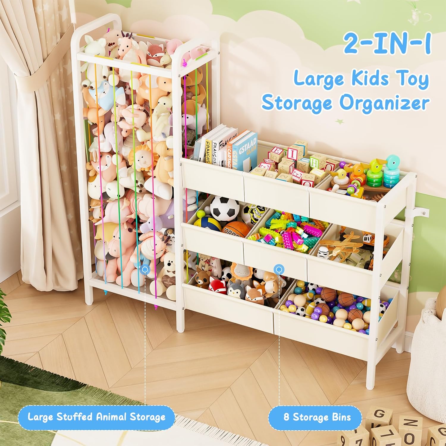 B6 Toy Storage Organizer with Stuffed Animal Storage, White | 3-Tier Wooden Shelves and 8 Bins, Toy Shelf Organizer, Kids Bookshelf and Toy Storage for Kids Room Bedroom Playroom Nursery