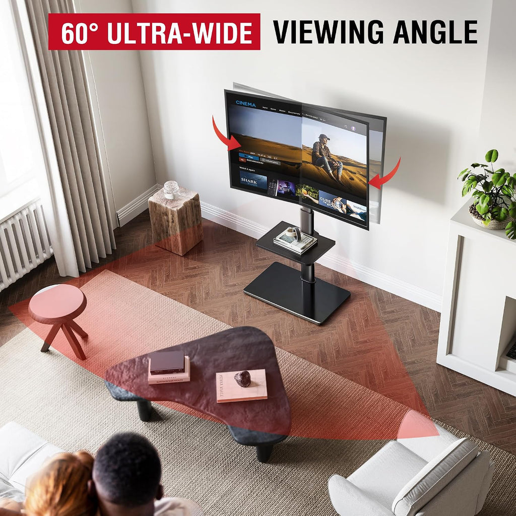 AOKCOS Floor TV Stand with 60-Degree Swivel, TV Floor Stand for 32-65 inch TVs up to 88lbs with Tilt, 8 Level Height Adjustable Tall TV Mount Stand with Shelf, Tempered Glass Base, MAX VESA 400x400mm