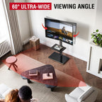AOKCOS Floor TV Stand with 60-Degree Swivel, TV Floor Stand for 32-65 inch TVs up to 88lbs with Tilt, 8 Level Height Adjustable Tall TV Mount Stand with Shelf, Tempered Glass Base, MAX VESA 400x400mm