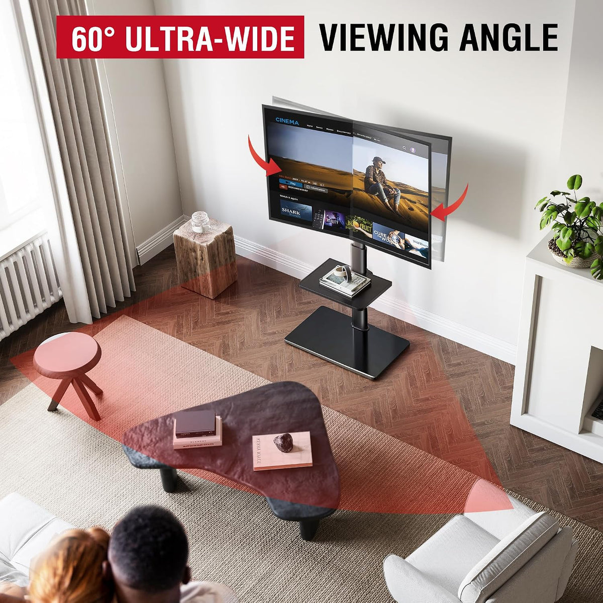 AOKCOS Floor TV Stand with 60-Degree Swivel, TV Floor Stand for 32-65 inch TVs up to 88lbs with Tilt, 8 Level Height Adjustable Tall TV Mount Stand with Shelf, Tempered Glass Base, MAX VESA 400x400mm