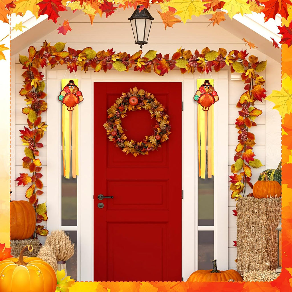 2 Pcs Thanksgiving Turkey Windsocks 40'' Fall Thanksgiving Outdoor Hanging Decoration Vintage Windsock with Pilgrim Hat Colorful Streamer for Autumn Party Farmhouse Window Yard Garden Decor