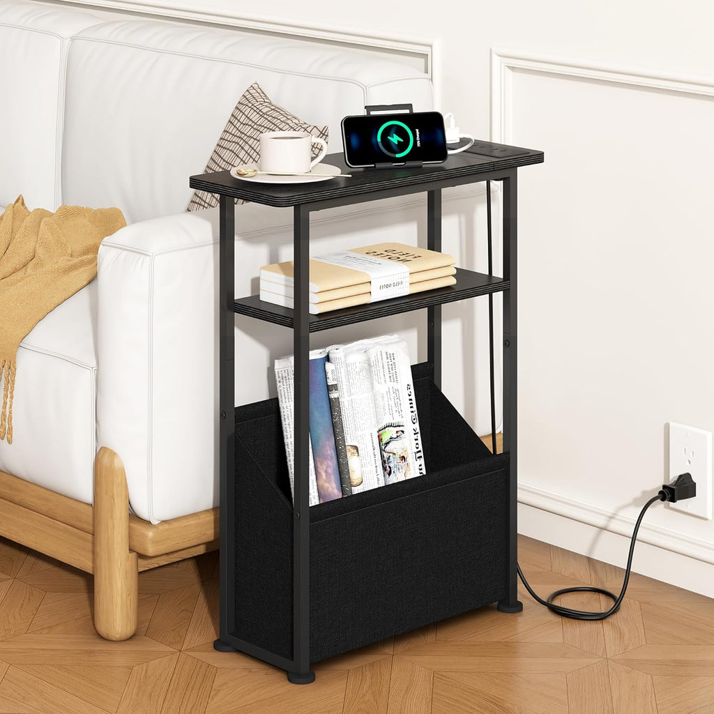 Yusong Narrow Side Table for Small Spaces, Skinny Charging End Table with Storage Basket, 3 Tier Slim Sofa Couch Bedside Table, Thin Nightstand for Bedroom, Living Room, Black