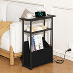 Yusong Narrow Side Table for Small Spaces, Skinny Charging End Table with Storage Basket, 3 Tier Slim Sofa Couch Bedside Table, Thin Nightstand for Bedroom, Living Room, Black
