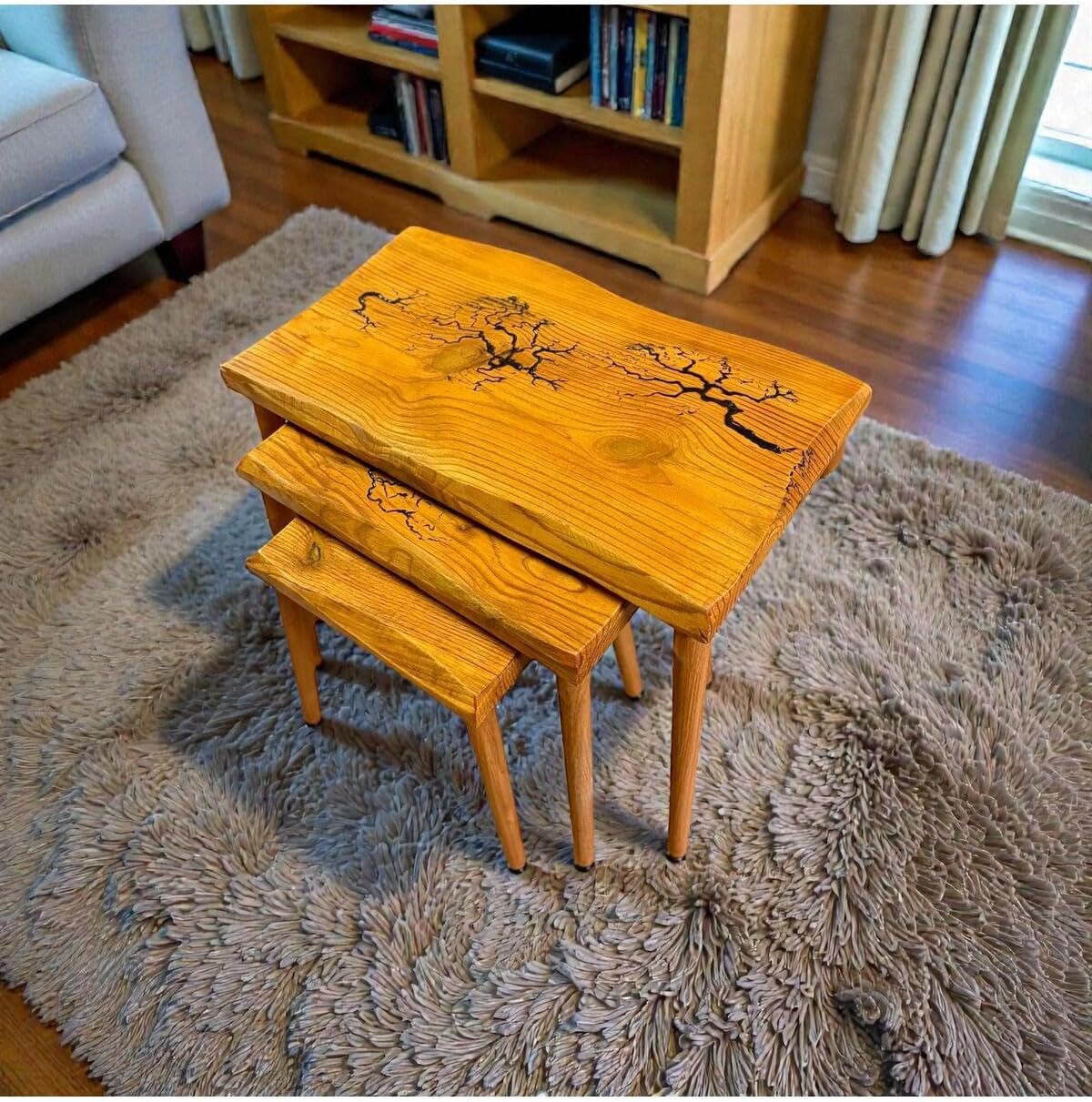 SODEF Handmade Oak Series Nesting Side Table Set - 3 Piece Retro Style Wood Tables - Unique Design, Rectangular Top - Living Room, Accent Furniture - Brown
