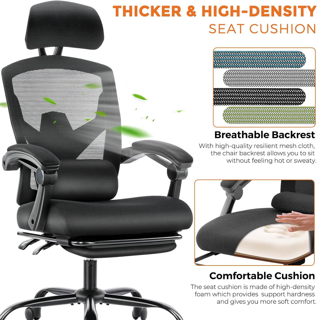 Sweetcrispy Ergonomic Office Chair, Computer Desk Chair with Lumbar Support | High-Back Mesh, 360° Rolling Work, Swivel with Wheels, Comfy Arms, Home Bedroom Study, Black