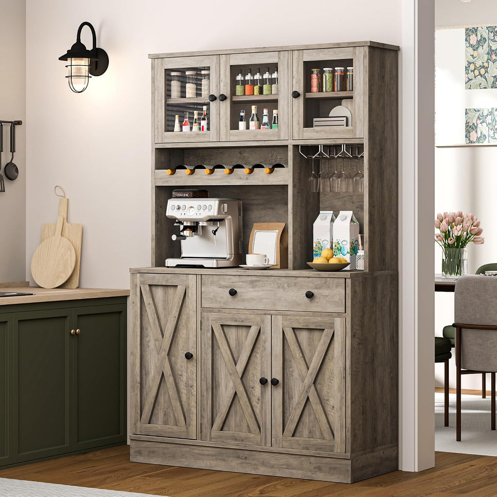 YITAHOME 71''H Kitchen Pantry Cabinet, Grey | Tall Cabinet with Drawer, Doors & Goblet Holder, Wine Rack, Power Outlet, For Kitchen & Living Room