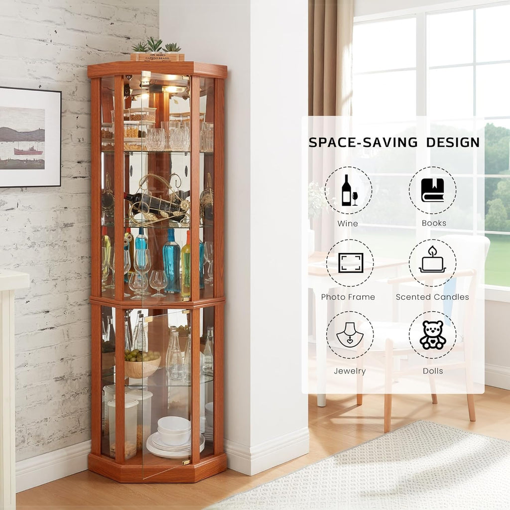 70" H Lighted Corner Curio Cabinet, Glass Display Cage with Tempered Glass Doors and 5 Adjustable Shelves, Wine Cabinet Storage Rack for Bar and Liquor Storage (Dark Oak)
