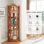 70" H Lighted Corner Curio Cabinet, Glass Display Cage with Tempered Glass Doors and 5 Adjustable Shelves, Wine Cabinet Storage Rack for Bar and Liquor Storage (Dark Oak)