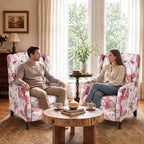GUEAPY Upholstered Wingback Chair Push Back Recliner for Adults Mid Century Modern Manual Recliner Chair for Living Room, Bedroom (Red Floral, 1PC)