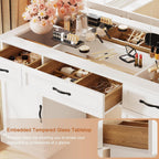 Vanity Table with Mirror and Lights, 55" Large LED Makeup Mirror with 3 Color Modes, Modern Dressing Table with Drawers and Cabinets, HD Glass Top Beauty Desk for Bedroom, Gift for Women