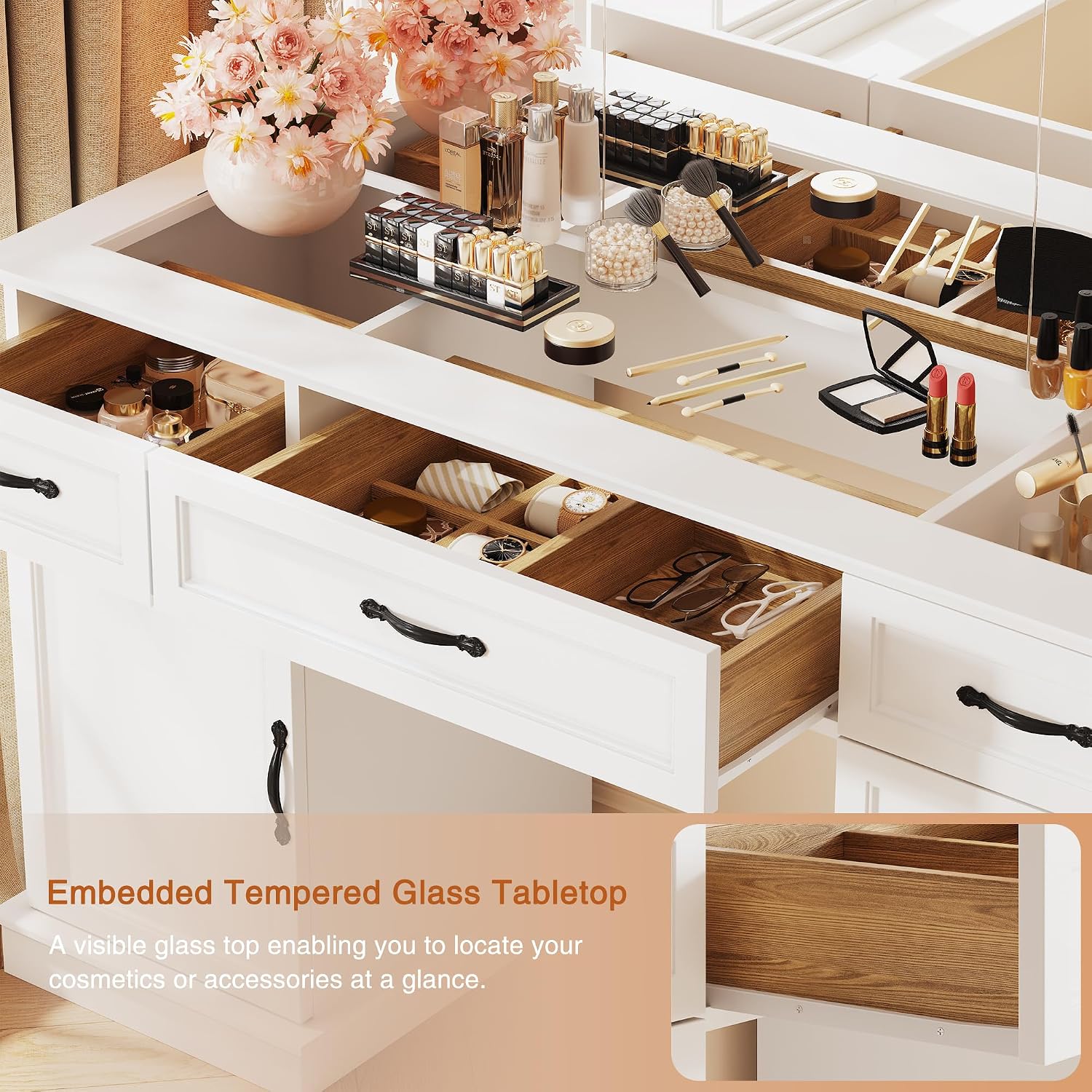 Vanity Table with Mirror and Lights, 55" Large LED Makeup Mirror with 3 Color Modes, Modern Dressing Table with Drawers and Cabinets, HD Glass Top Beauty Desk for Bedroom, Gift for Women