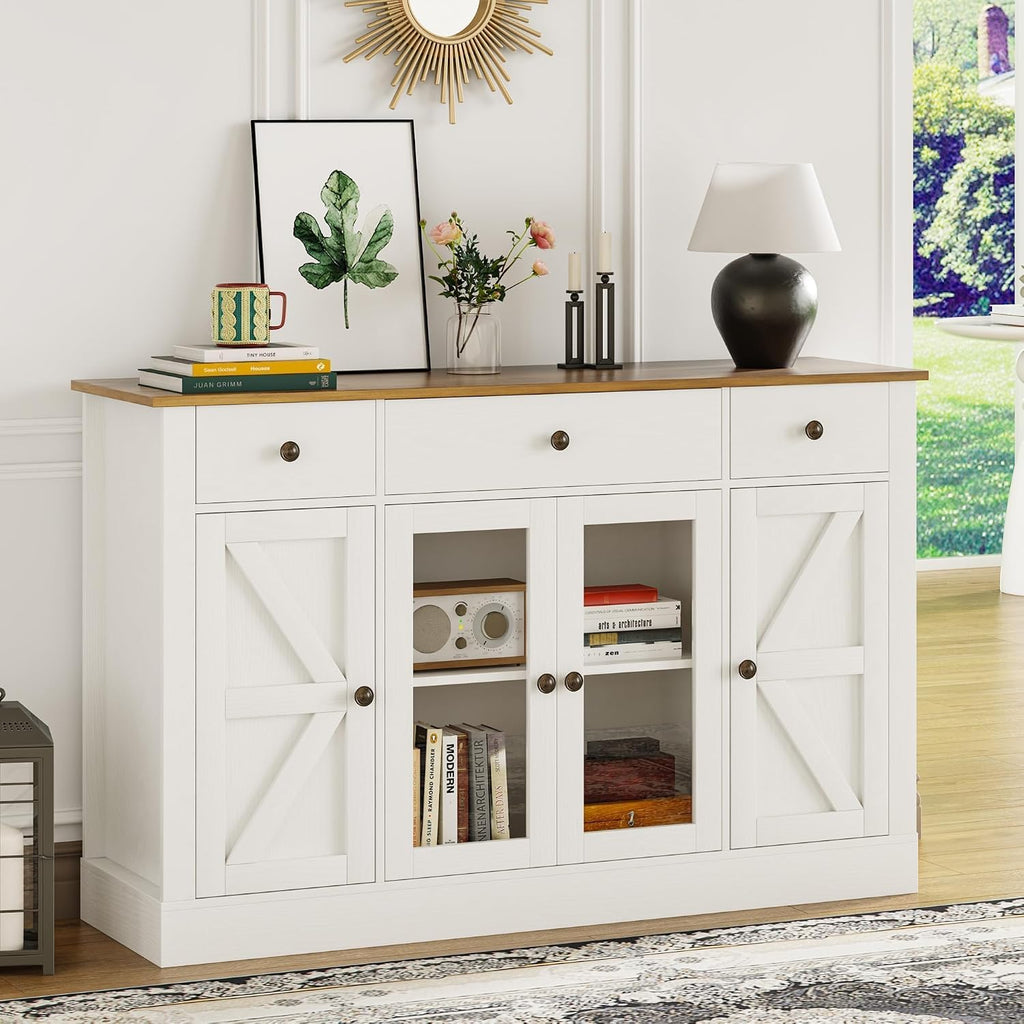 4 EVER WINNER 55" Large Buffet Cabinet with Storage, Coffee Bar Cabinet with 4 Doors and 3 Drawers, Kitchen Cabinet with Plexiglass Doors for Living Room, White