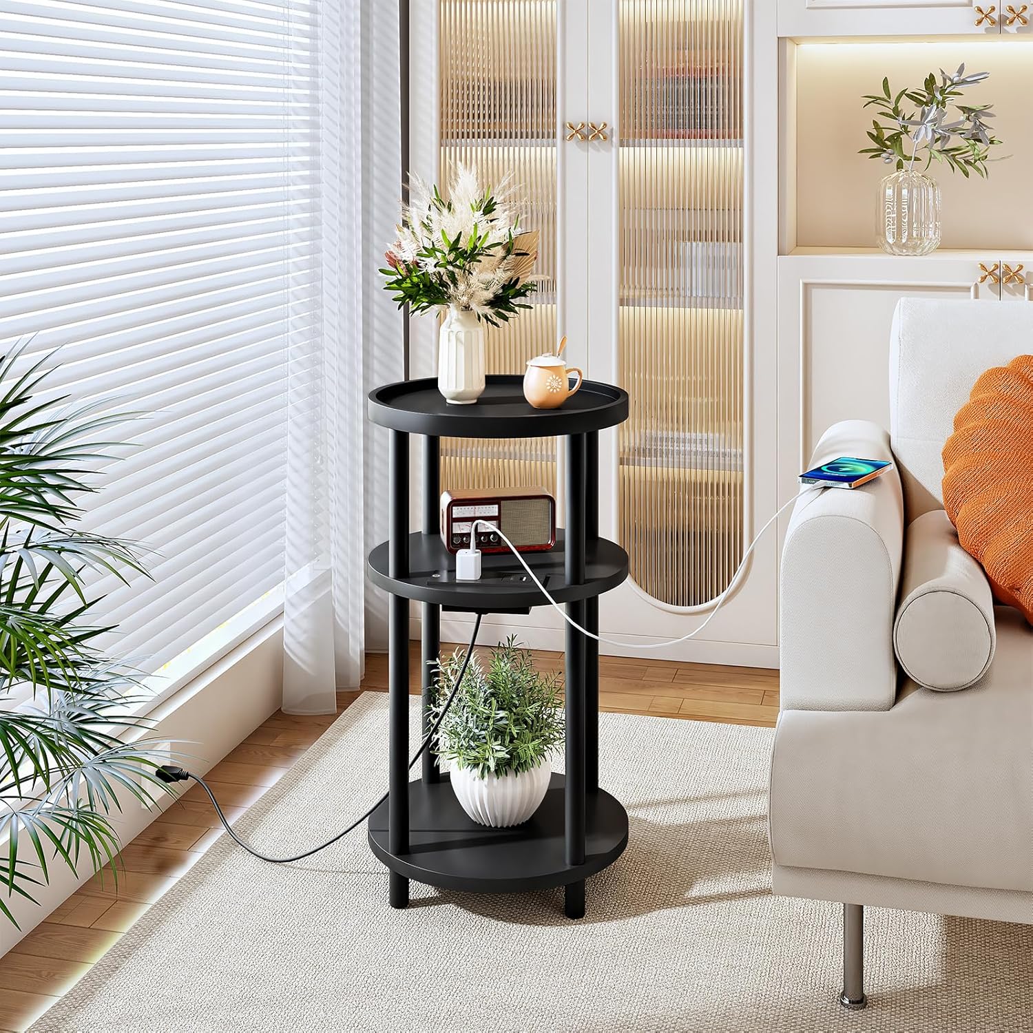 HOOBRO Small Round Side Table with Charging Station, 3-Tier Round Bamboo End Table, Compact Sofa Bedside Table for Small Space, Easy Assembly, for Living Room, Bedroom, Apartment, Black BB152UBZ01