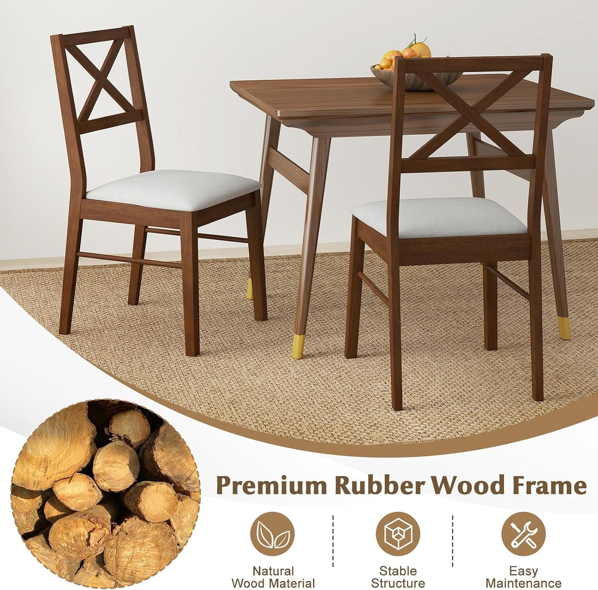 COSTWAY Wood Dining Chairs Set of 4, Upholstered Farmhouse Modern Dining Room Chairs with Backrest and 400LBS Capacity for Kitchen (Brown)