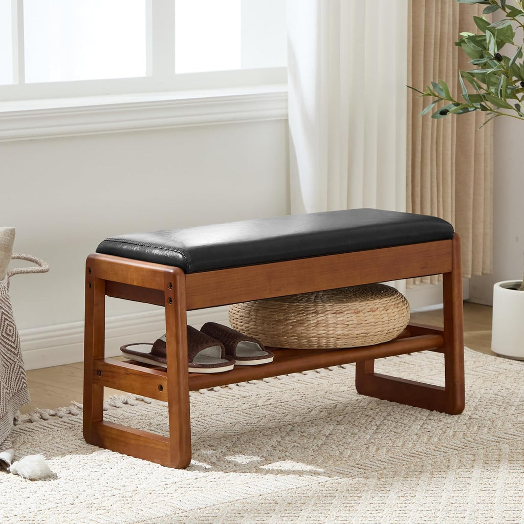 31.5" Shoe Rack Bench,2 Tiers Shoe Bench with Storage,Walnut Storage Bench with Faux Leather Cushion for Entrance Entryway Hallway PU Black