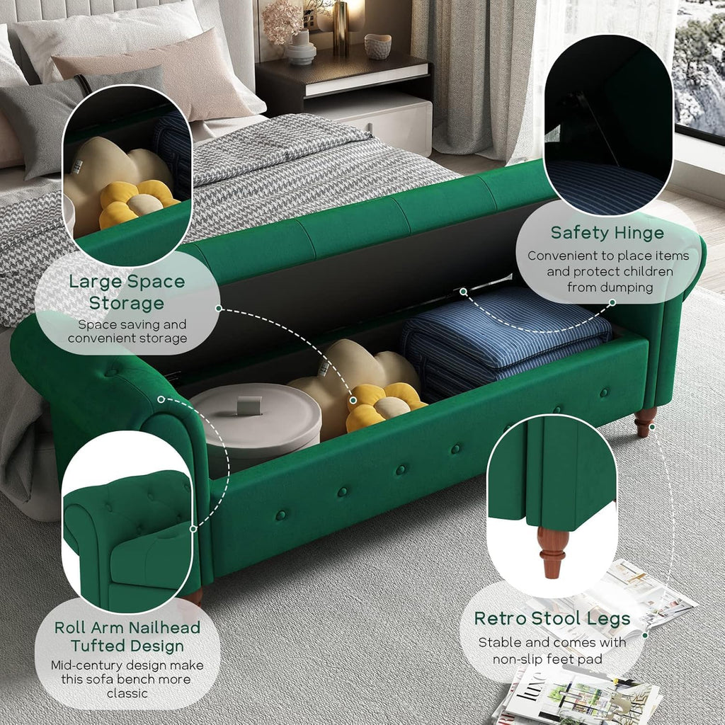 NIOIIKIT 63'' Storage Ottoman Bench Tufted Entryway Bench Dark Green Velvet | Button Tufted End of Bed, Large Storage Space, Rolled Armed Ottoman Couch Long Bench for Bedroom, Living Room, Hallway