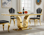 White Marble Dining Table for 6 Modern Luxury Faux Marble Kitchen Table for 6, 68" Large Dining Room Tables with U-Shape Gold Stainless Steel Base