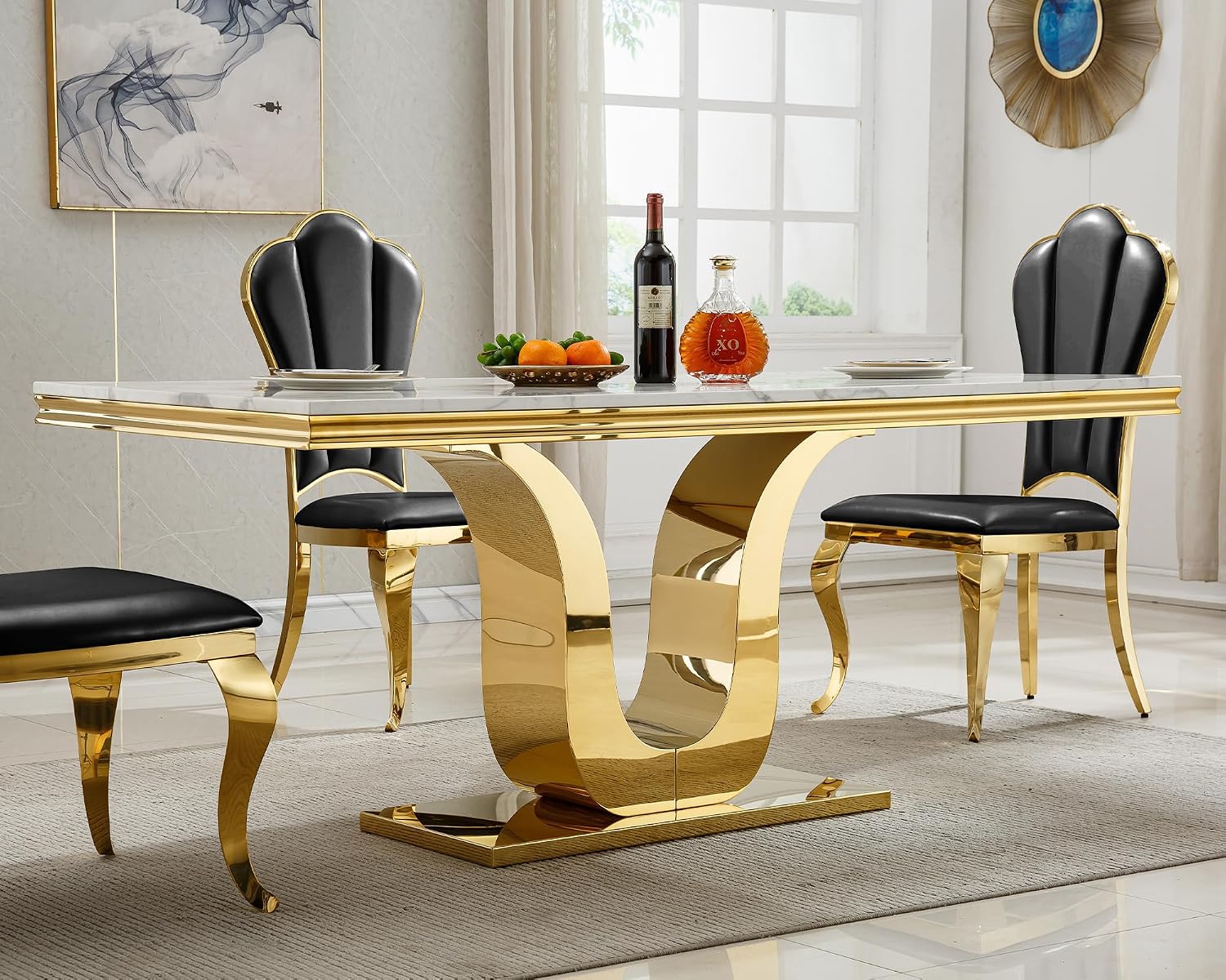 White Marble Dining Table for 6 Modern Luxury Faux Marble Kitchen Table for 6, 68" Large Dining Room Tables with U-Shape Gold Stainless Steel Base