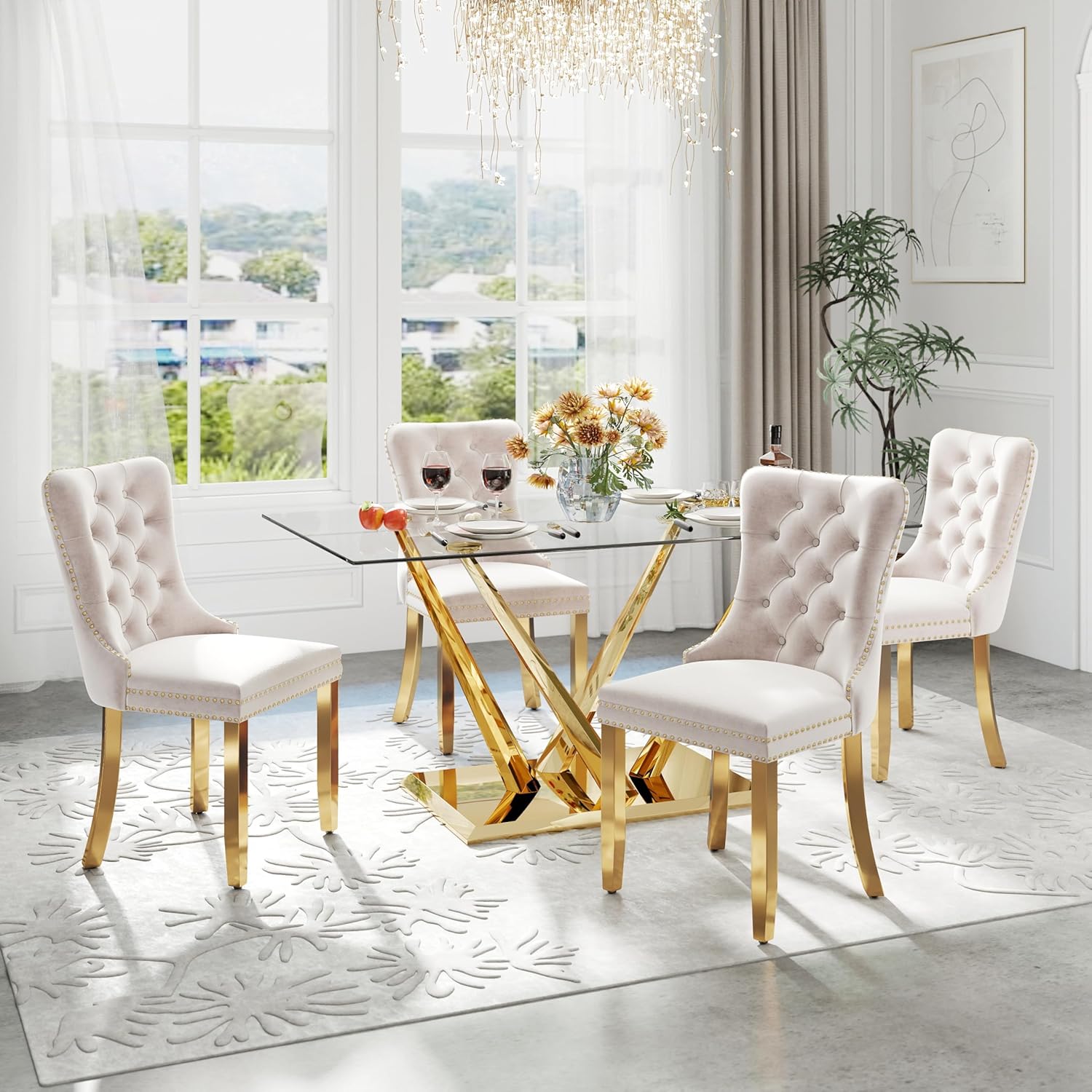 63'' Rectangular Glass Dining Table for 4-6, Luxury Kitchen Table with Tempered Glass and Aesthetic Gold Stainless Steel Base, Modern Dinner Table for Home, Apartment