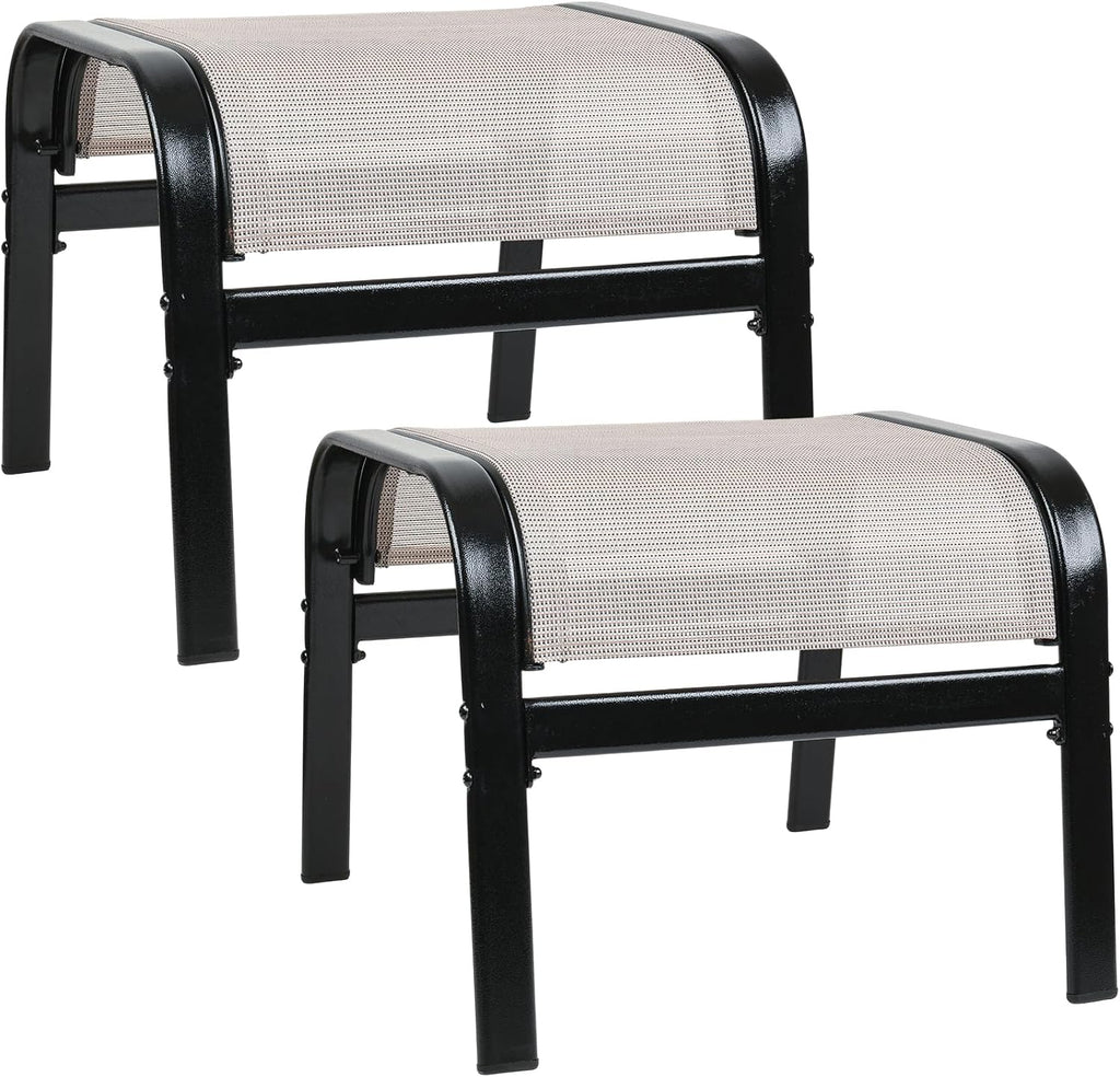 Patio Outdoor Ottoman 2 Set, Portable Footstools Textliene Metal Foot Rest Beige