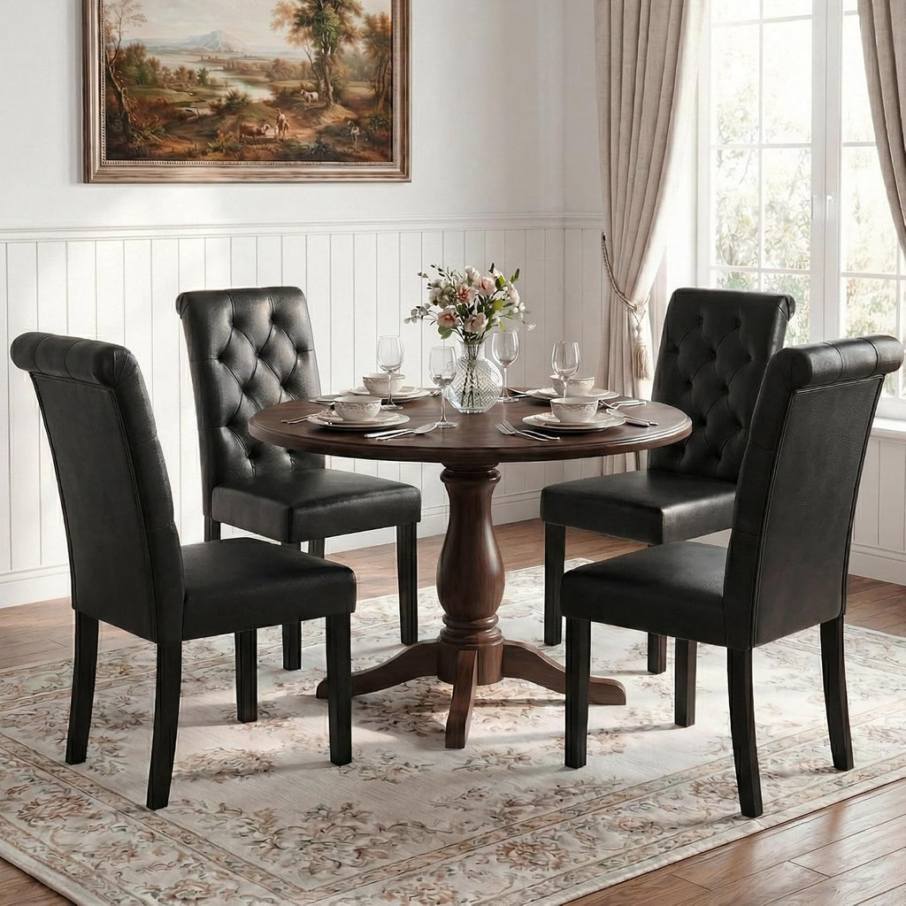 LSSBOUGHT Upholstered Dining Chairs Set of 6,Tufted Parsons Kitchen Chair with Solid Wood Legs, Modern PU Leather Side Chair for Dining Room/Restaurant(6pcs,Black)