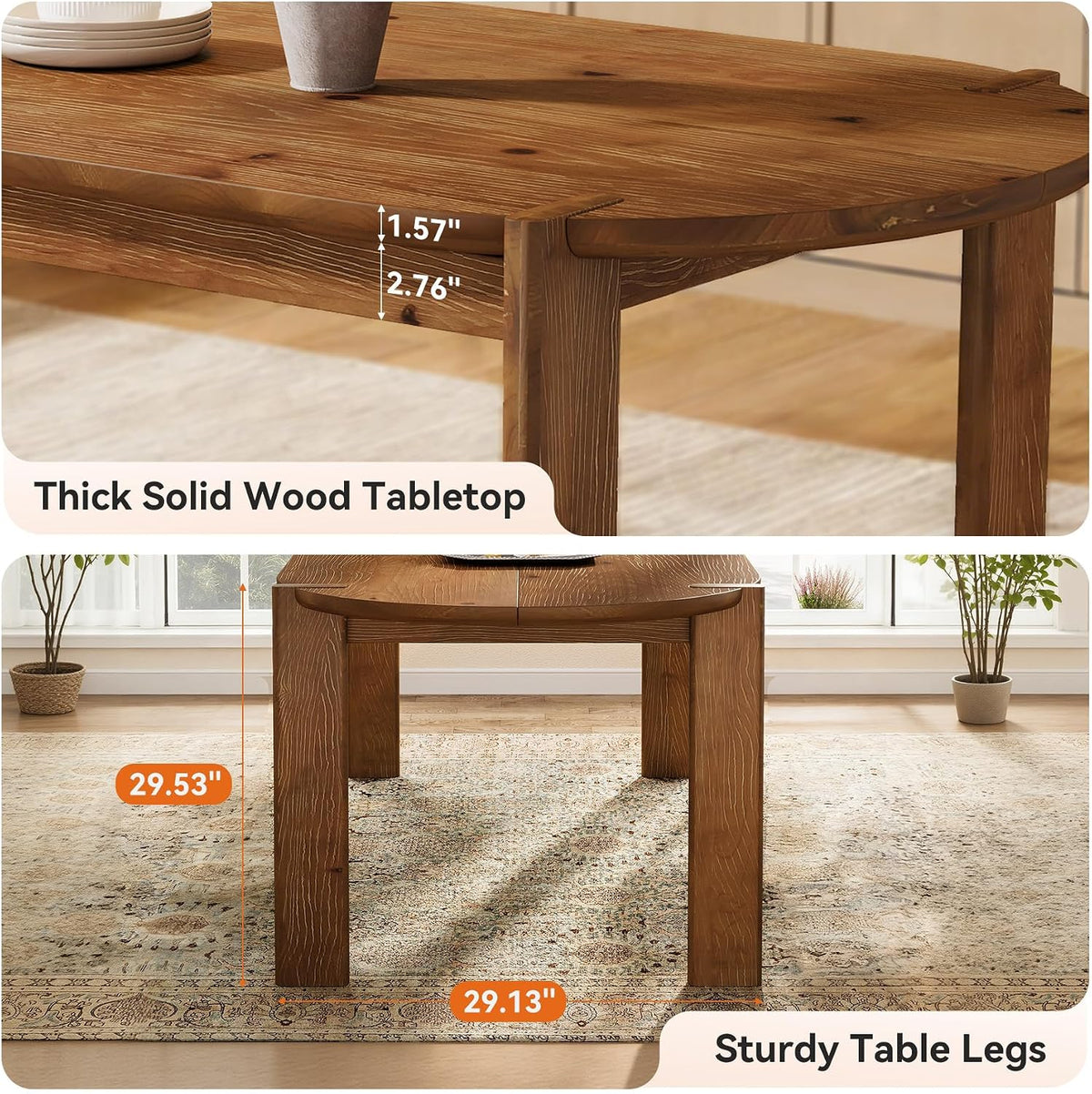 63" Solid Wood Oval Dining Table, Farmhouse Wooden Kitchen Table for 4-6, Rustic Dinner Table for Dining Room, Living Room, Apartment, Brown