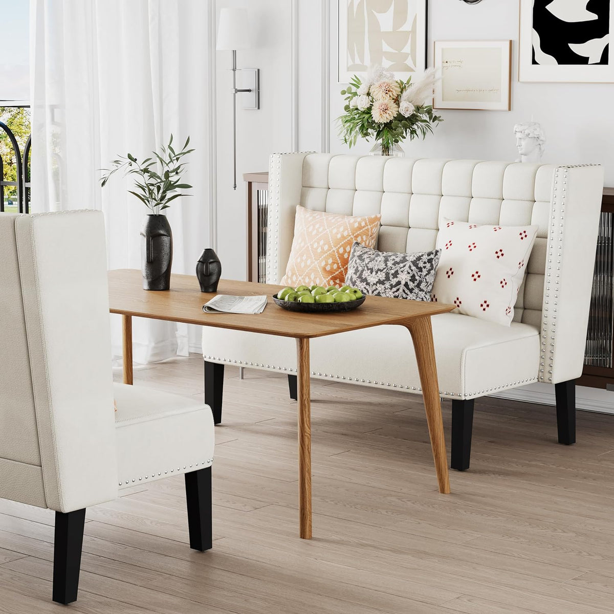 Andeworld Modern Loveseat Settee Bench Sofa Couch, Upholstered Banquette Dining Bench with Back for Dining Living Room Hallway or Entryway Seating,White
