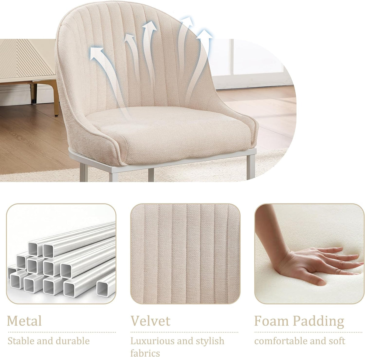 Linen Dining Chair Set of 4, Modern Upholstered Kitchen Chair with White Metal Legs, Kitchen & Dining Room Chairs for Restaurant/Bedroom/Living Room (Beige+White, Set of 4)