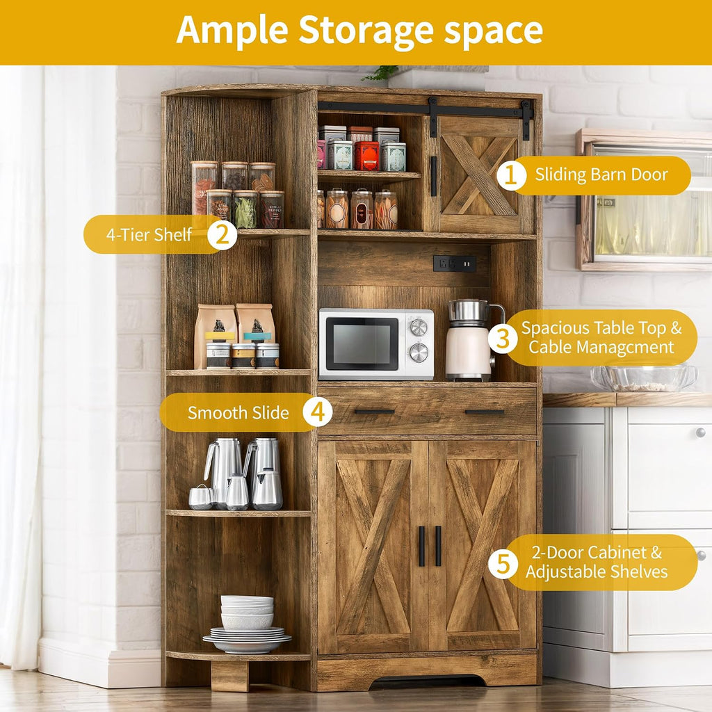 DWVO Kitchen Pantry Cabinet with Power Outlet, 67" Tall Farmhouse Pantry Storage Cabinet with Barn Doors, Drawer & Microwave Stand, Freestanding Hutch for Kitchen & Dining Room, Rustic Brown