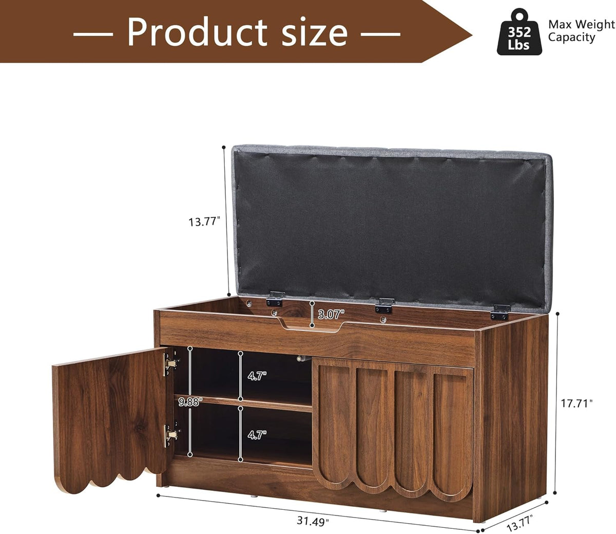 ORRD Shoe Storage Bench with Cushion, Entryway Shoe Cabinet Bench with 2 Scalloped Doors & Adjustable Shelf, 2-Tier Shoe Rack Organizer Cabine for Entryway, Hallway, Living Room (Walnut)