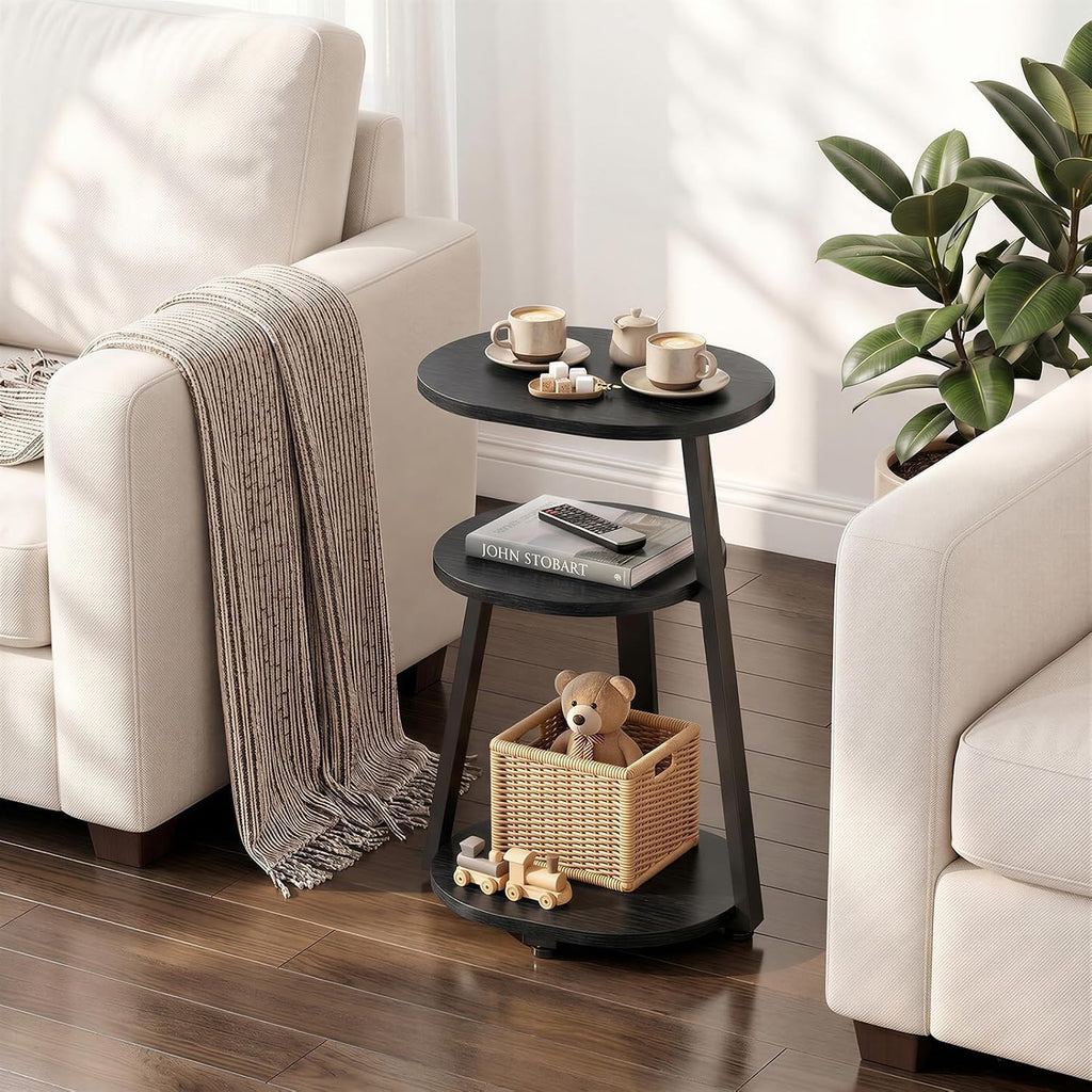 Kalrin Side Table, Small End Table with Metal Frame, 3-Tier Bedside Tables, Round Side Tables for Living Room Bedroom Couch Bathroom, Oval, Pure Black